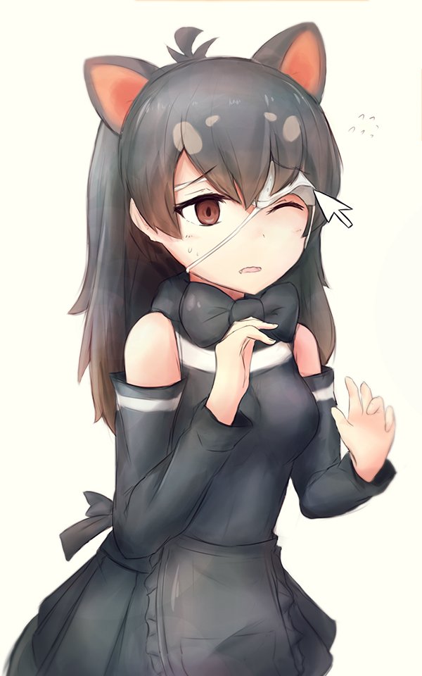 10s, 1girl, 3ma_saga, apron, australian_devil_(kemono_friends), bad_id, bad_twitter_id, bare_shoulders, black_hair, bow, bowtie, commentary_request, cursor, detached_sleeves, eyepatch, eyepatch_lift, fang, female_focus, flying_sweatdrops, kemono_friends, long_hair, one_eye_closed, pleated_skirt, skirt, sleeveless, solo, sweatdrop, tasmanian_devil_ears, unworn_eyepatch, wavy_mouth