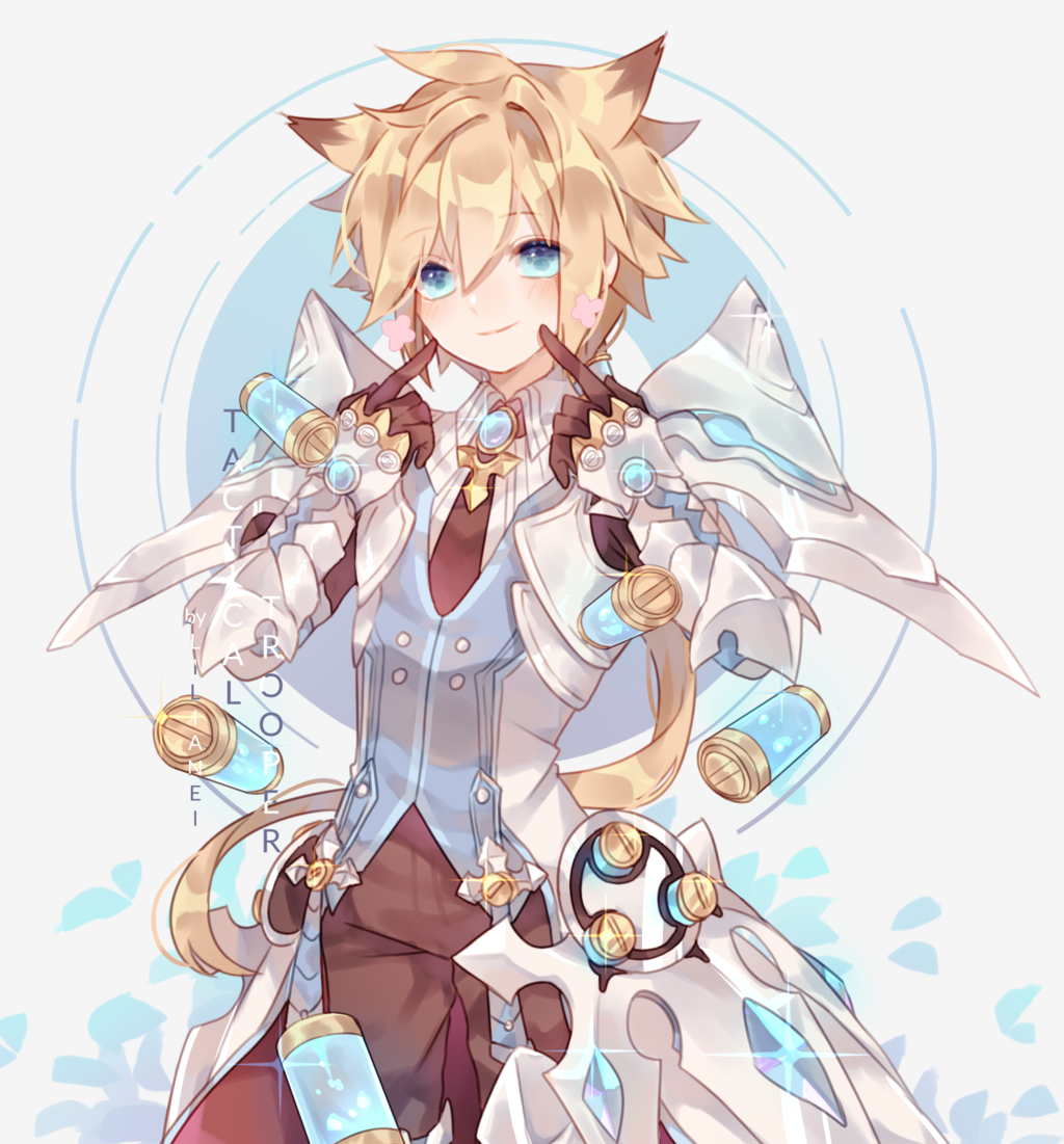 1boy, animal_ears, armor, arms_up, blonde_hair, blue_eyes, chung_seiker, collar