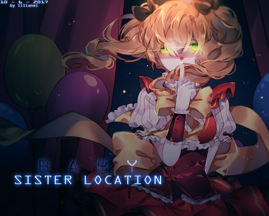 circus_baby_(fnaf), balloon, bow, brown_hair, clown, collar, finger_to_mouth, five_nights_at_freddy's, frills, gloves, green_eyes, hair_bow, hair_ornament, lilianei, looking_at_viewer, short_hair, shushing, twintails, upper_body