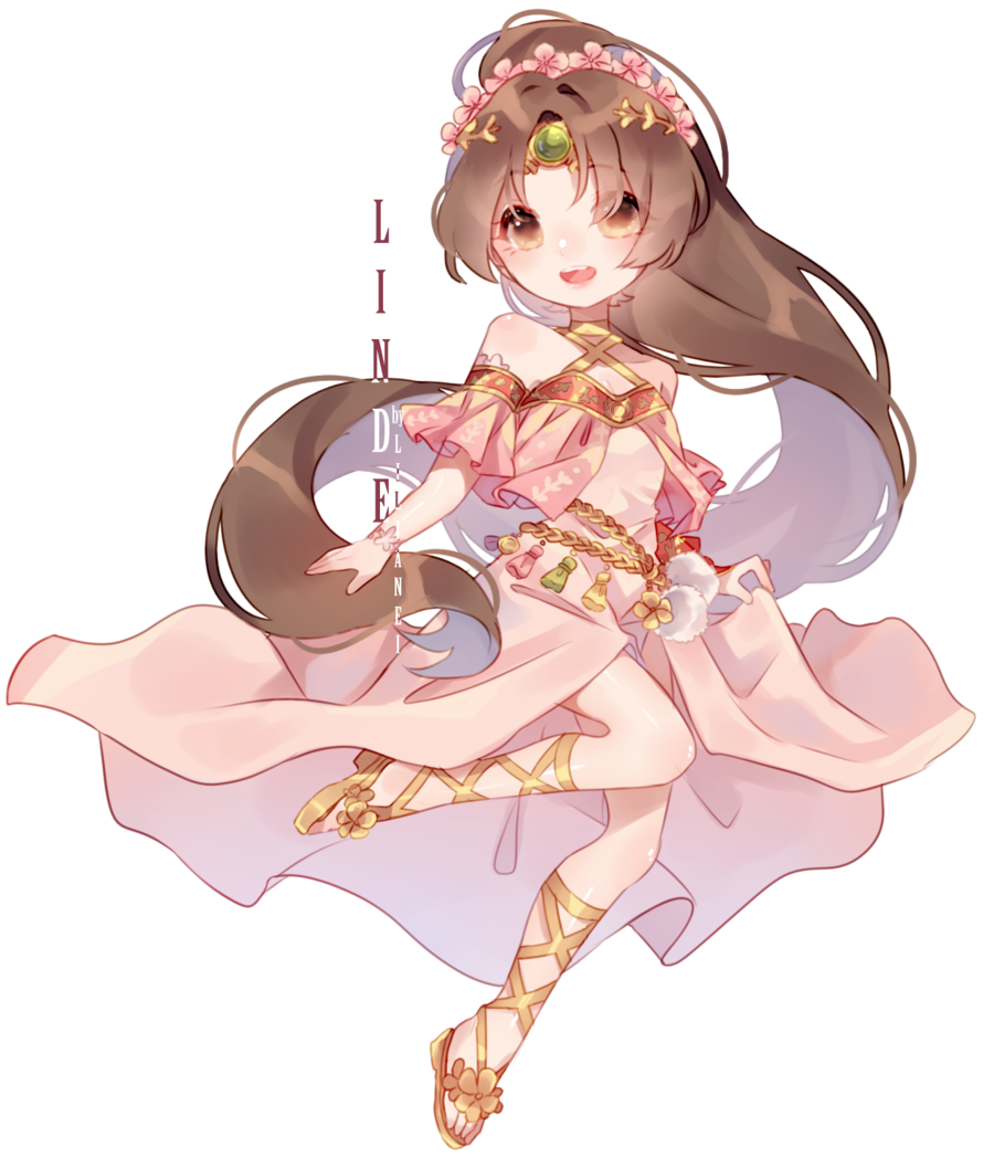 bare_shoulders, brown_eyes, brown_hair, character_name, chibi, cleavage_cutout, clothing_cutout, commission