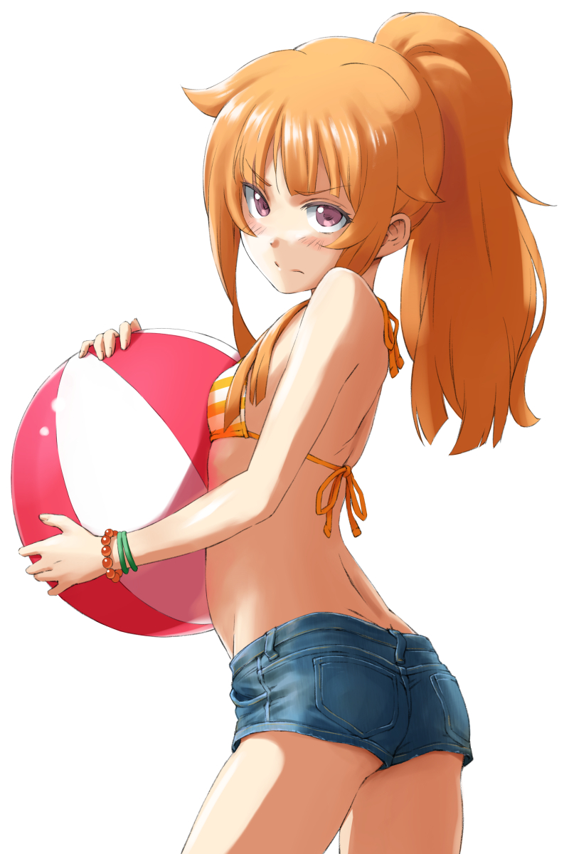 1girl, alternate_hairstyle, amatsuka_mao, ball, beachball, bead_bracelet, beads, bikini