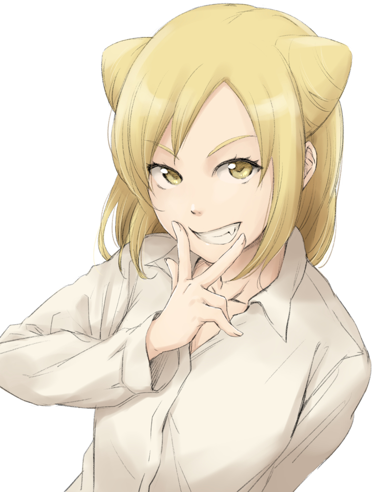 1girl, blonde_hair, collarbone, collared_shirt, commentary, cone_hair_bun, demi-chan_wa_kataritai, double_bun