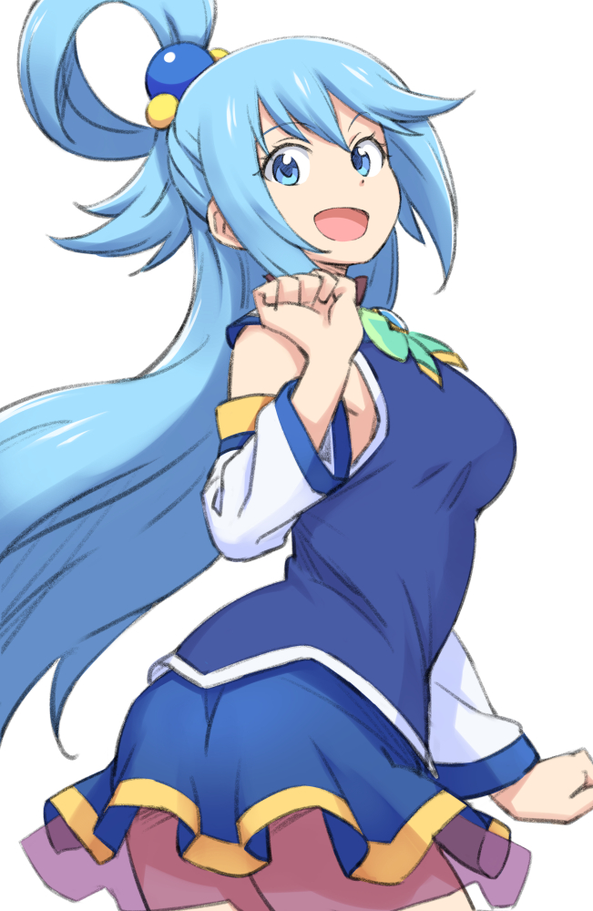 1girl, :d, aqua_(konosuba), blue_eyes, blue_hair, blue_shirt, blue_skirt, bow