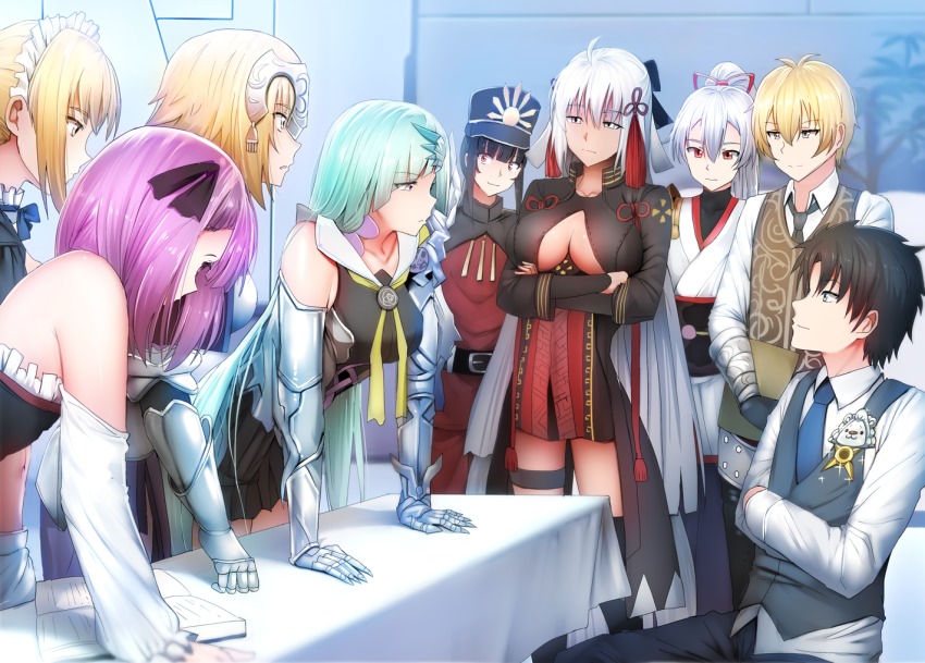 3boys, 6+girls, armor, artoria_pendragon_(fate), bare_shoulders, billy_the_kid_(fate), black_hair, blonde_hair, blue_eyes, blunt_bangs, book, breasts, brynhild_(fate), brynhild_(third_ascension)_(fate), character_request, commentary, crossed_arms, detached_sleeves, eye_contact, fate/grand_order, fate_(series), formal_clothes, fujimaru_ritsuka_(male), fujimaru_ritsuka_(male)_(anniversary_blonde), gauntlets, ginhaha, green_hair, hair_between_eyes, hair_ornament, hair_ribbon, hat, headpiece, helena_blavatsky_(fate), jeanne_d'arc_(fate), jeanne_d'arc_(ruler)_(fate), large_breasts, long_hair, looking_at_another, maid_headdress, majin_saber, multiple_boys, multiple_girls, oda_nobukatsu_(fate), official_alternate_costume, okita_souji_(fate), okita_souji_(koha-ace), okita_souji_alter_(fate), okita_souji_alter_(second_ascension)_(fate), parody, ponytail, purple_eyes, purple_hair, red_eyes, ribbon, saber_alter, saber_alter_(swimsuit_rider)_(second_ascension), short_hair, silver_hair, sitting, suit, table, tomoe_gozen_(fate), tomoe_gozen_(first_ascension)_(fate), yellow_eyes