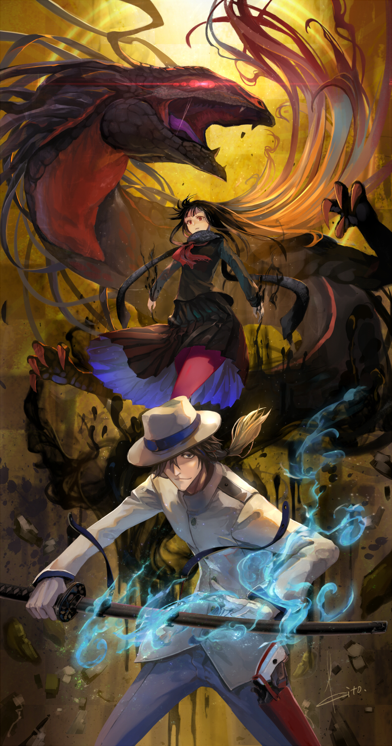 1boy, 1girl, black_dress, black_hair, brown_hair, commentary_request, dragon, dress