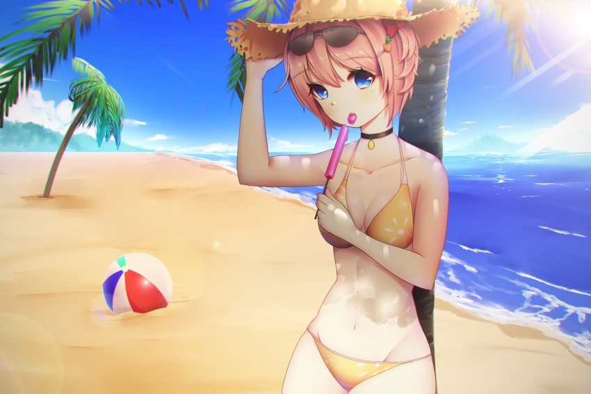1girl, against_tree, ball, bare_shoulders, beach, beachball, bikini, blue_eyes