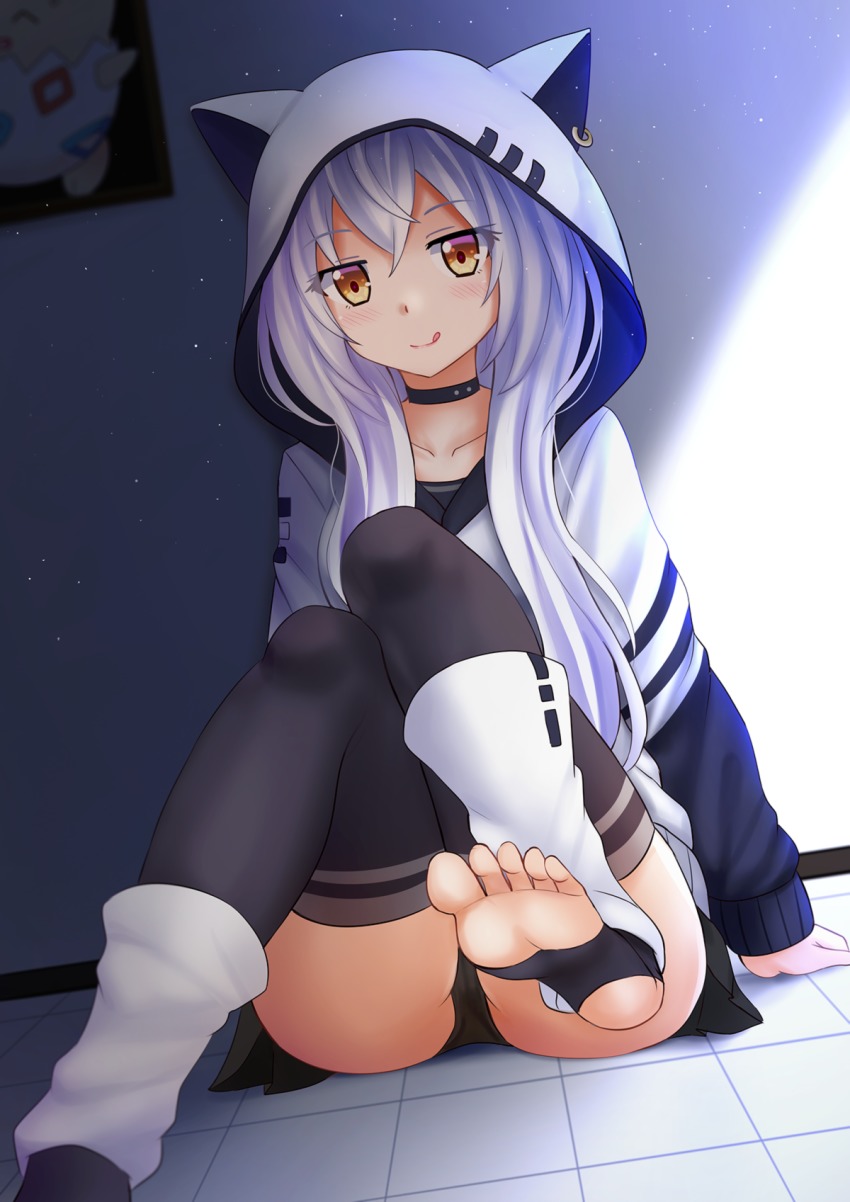 1girl, animal_hood, azuma_lim, barefoot, black_panties, cat_hood, choker, collarbone