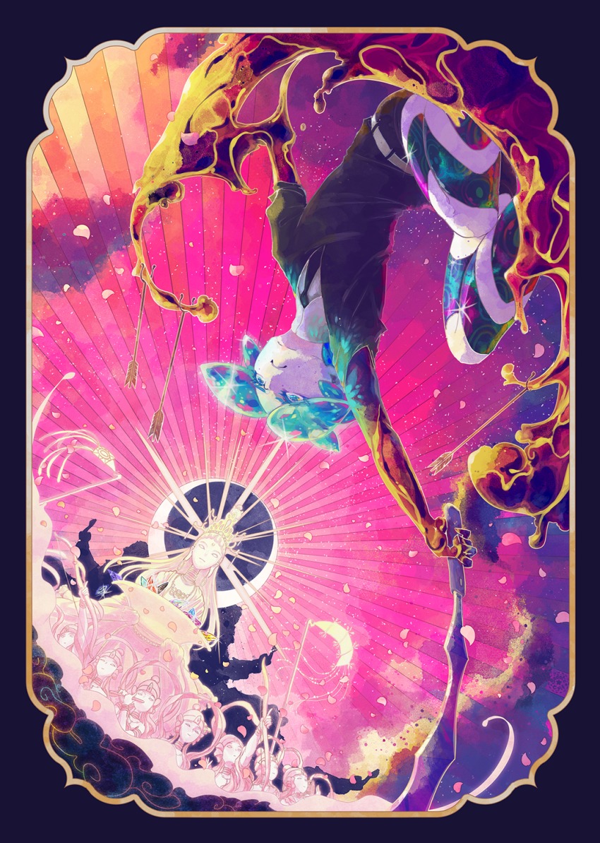 2others, androgynous, aqua_eyes, aqua_hair, arrow_(projectile), bow_(weapon), colored_eyelashes, gem