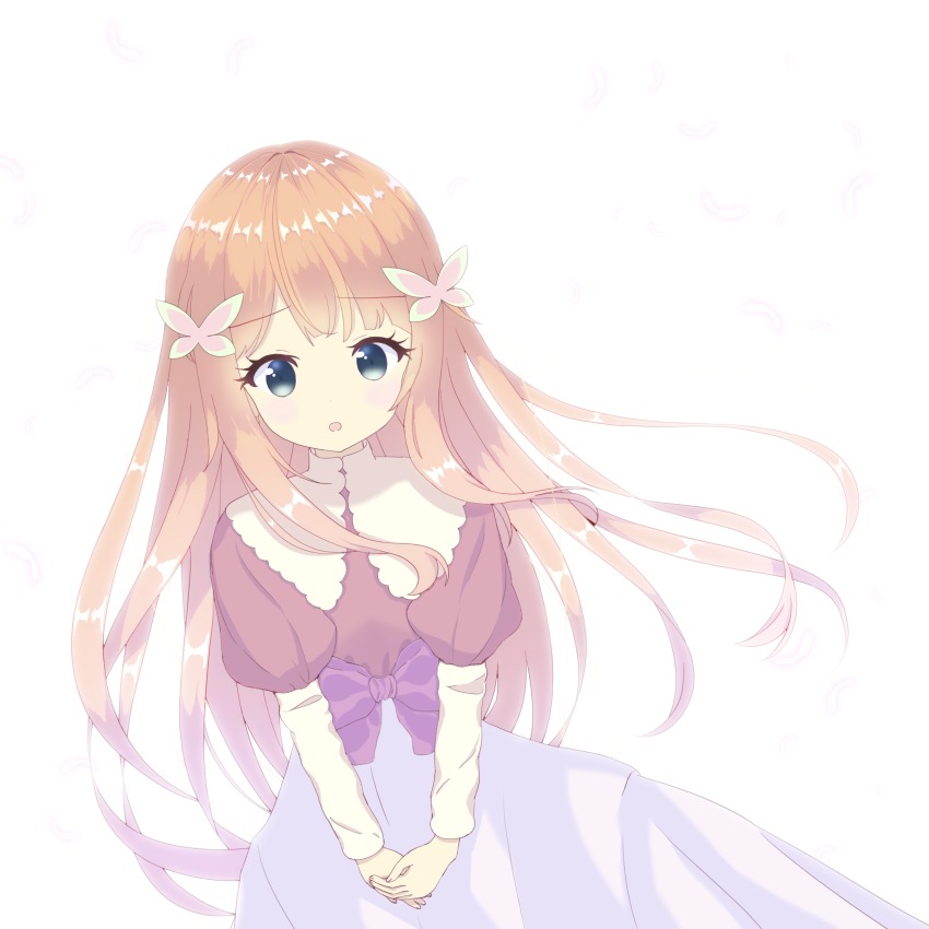 1girl, bad_id, bad_pixiv_id, blue_eyes, blunt_bangs, bow, brown_hair, butterfly_hair_ornament, child, commentary_request, dress, dress_bow, female_focus, hair_ornament, highres, iris.exe_(mega_man), long_hair, looking_at_viewer, mega_man_(series), mega_man_battle_network, mega_man_battle_network_(series), mega_man_battle_network_6, open_mouth, own_hands_together, puffy_sleeves, simple_background, solo, user_xhmk3343, white_background