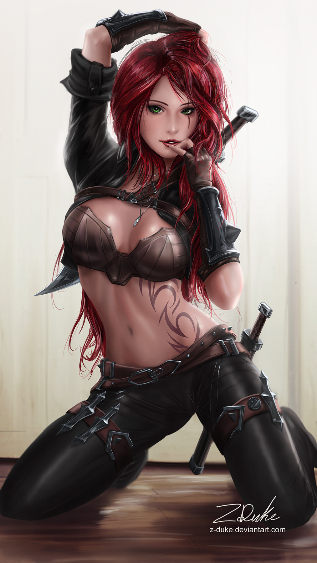 1girl, breasts, female_focus, gloves, green_eyes, highres, katarina_(league_of_legends), kneeling, league_of_legends, long_hair, looking_at_viewer, medium_breasts, midriff, navel, parted_lips, red_hair, scar, scar_across_eye, scar_on_face, solo, spread_legs, tattoo, zduke