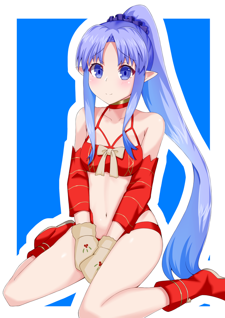 1girl, altera_(fate), altera_the_santa_(fate), altera_the_santa_(fate)_(cosplay), bikini, blue_eyes, blue_hair, blue_scrunchie, boots, bow, choker, cosplay, fate/grand_order, fate_(series), female_focus, hair_ornament, hair_scrunchie, iseshi, long_hair, looking_at_viewer, medea_(caster)_(fate), medea_(fate), medea_lily_(fate), mittens, navel, parted_bangs, pointy_ears, ponytail, red_bikini, red_boots, red_choker, scrunchie, sidelocks, sitting, smile, solo, swimsuit, very_long_hair, wariza