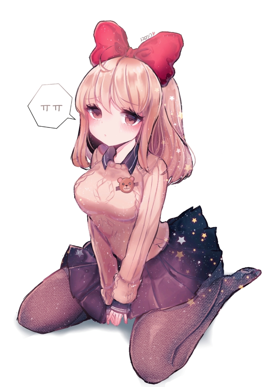 1girl, ahoge, barefoot, bear_pin, between_legs, black_shirt, black_skirt, blonde_hair, blush, bow, breasts, brown_eyes, collared_shirt, commission, hair_bow, hand_between_legs, highres, looking_at_viewer, medium_breasts, pantyhose, pleated_skirt, popped_collar, red_bow, school_uniform, shirt, sidelocks, sitting, skirt, soulworker, speech_bubble, sweater, t_t, wariza, wide_ponytail, wing_collar, yomi_yojo