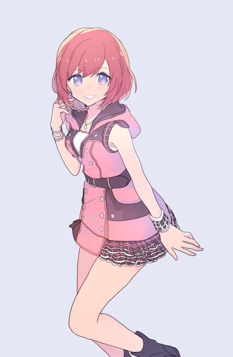 1girl, boots, bracelet, female_focus, grey_background, grin, highres, hood