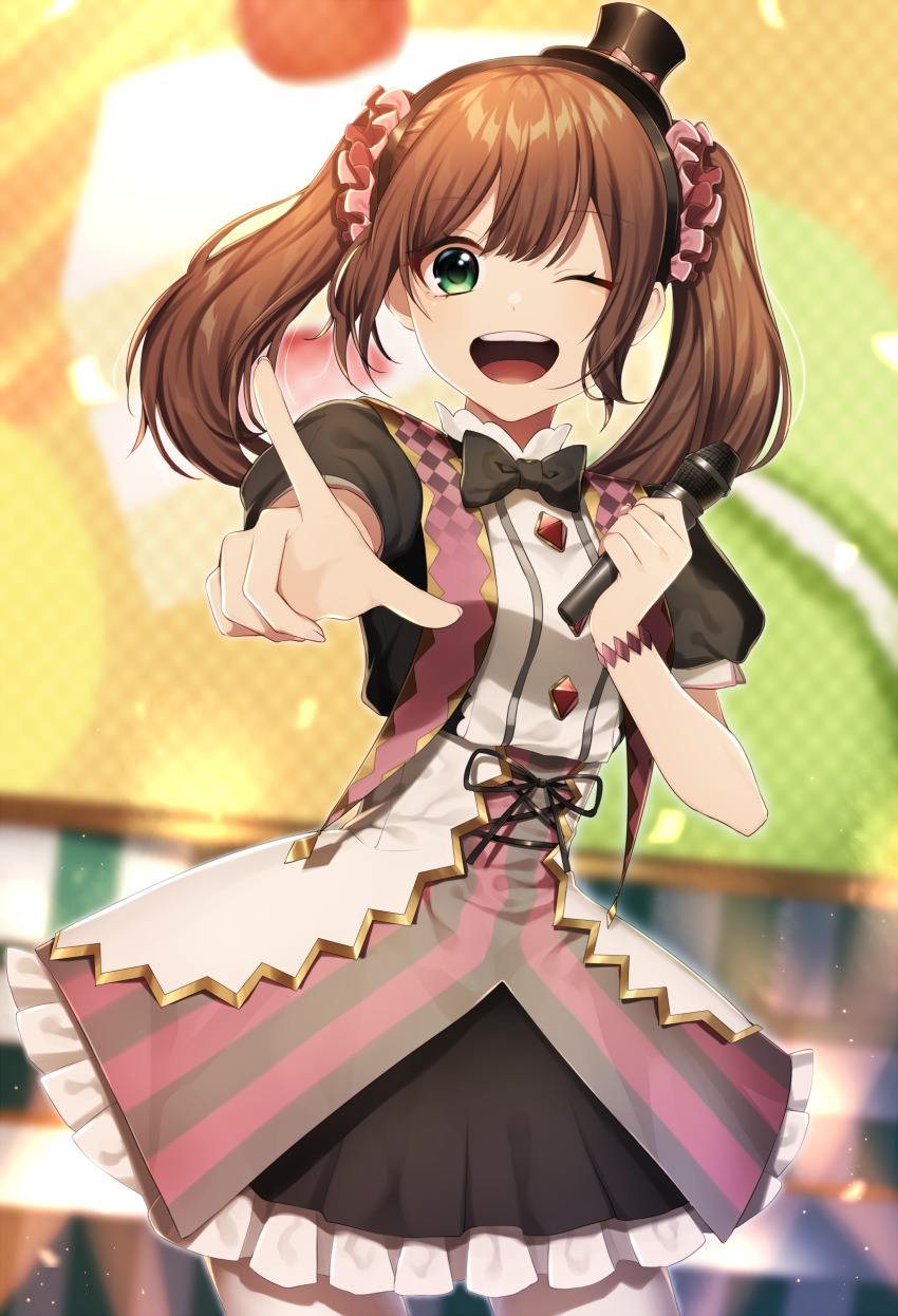 10s, 1boy, ;d, absurdres, black_bow, black_hairband, black_hat, black_neckwear, black_ribbon, black_skirt, bow, brown_hair, cowboy_shot, crossdressing, crossdressing_(mtf), floating_hair, frilled_skirt, frills, green_eyes, hair_between_eyes, hair_ornament, hair_scrunchie, hairband, hat, highres, holding, holding_microphone, idol, idolmaster, idolmaster_side-m, index_finger_raised, long_hair, male_focus, microphone, mini_hat, miniskirt, mizushima_saki, one_eye_closed, open_mouth, pink_scrunchie, ribbon, scrunchie, short_sleeves, skirt, smile, solo, stage, standing, takashima_saki, trap, twintails