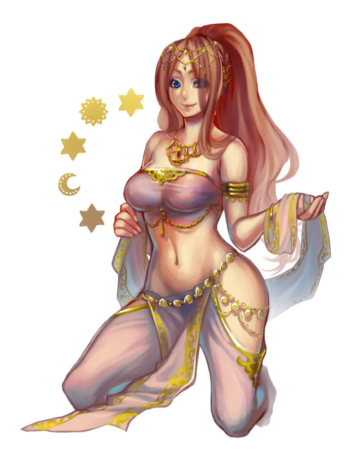 1girl, arabian_clothes, blue_eyes, breasts, brown_hair, female_focus, jewelry, long_hair