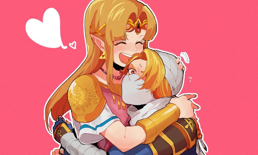 2girls, armor, beachricefield, blonde_hair, blush, closed_eyes, highres, hug, long_hair, mask, multiple_girls, nintendo, pointy_ears, princess_zelda, red_eyes, reverse_trap, sheik, smile, super_smash_bros., surcoat, the_legend_of_zelda, the_legend_of_zelda:_a_link_between_worlds, the_legend_of_zelda:_ocarina_of_time, turban