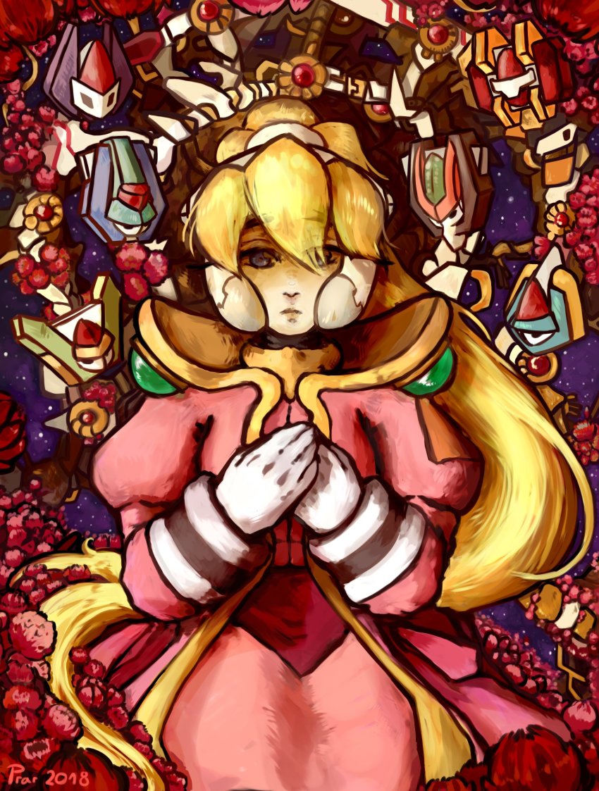 10s, 1girl, 2018, blonde_hair, blue_eyes, capcom, ciel_(mega_man), coat, cowboy_shot, dated, female_focus, flower, gloves, hands_together, high_collar, high_ponytail, highres, inti_creates, biometal, long_coat, long_hair, model_f, model_h, model_l, model_p, model_x_(mega_man), model_z_(mega_man), pink_coat, ponytail, prar, red_flower, mega_man_(series), mega_man_zero_(series), mega_man_zx, solo_focus, very_long_hair, white_gloves