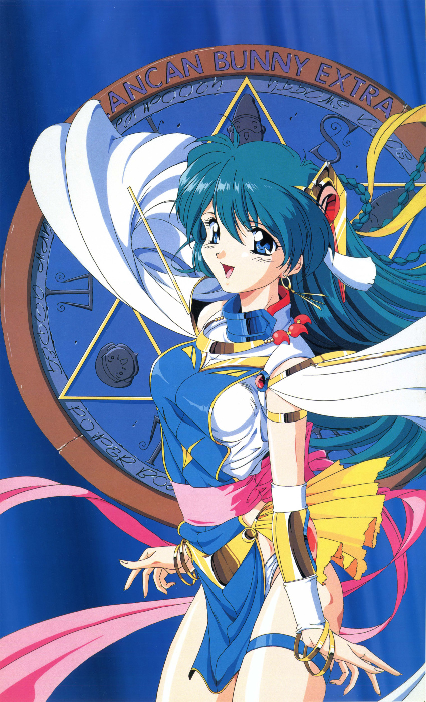 absurdres, blue_eyes, can_can_bunny, cape, copyright_name, cowboy_shot, green_hair, highres