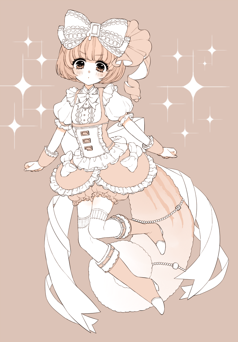 1girl, arms_at_sides, blunt_bangs, boots, bow, brown_theme, center_frills, character_request
