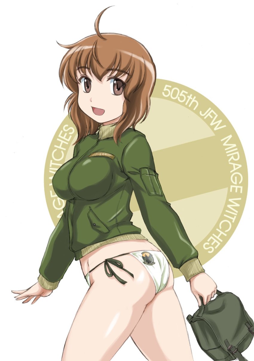 1girl, 505th_joint_fighter_wing, 505th_joint_fighter_wing_(emblem), ahoge, ass, bag, breasts, brown_eyes, brown_hair, commentary, cowboy_shot, english_text, female_focus, from_side, green_jacket, green_panties, highres, holding, inufusa_yuno, jacket, long_sleeves, looking_at_viewer, medium_breasts, open_mouth, panties, print_panties, satchel, short_hair, side-tie_panties, smile, solo, standing, underwear, wan'yan_aguda, world_witches_series, zipper