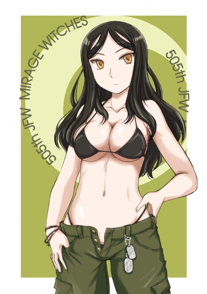 1girl, 505th_joint_fighter_wing, bikini, black_bikini, black_hair, bracelet, breasts, cleavage, closed_mouth, collarbone, commentary, constantia_cantacuzino, dog_tags, english_text, female_focus, green_background, green_pants, hand_on_own_hip, highleg, highleg_bikini, highres, jewelry, large_breasts, light_frown, long_hair, looking_at_viewer, navel, outside_border, pants, solo, standing, string_bikini, swept_bangs, swimsuit, unbuttoned_pants, wan'yan_aguda, world_witches_series, yellow_eyes
