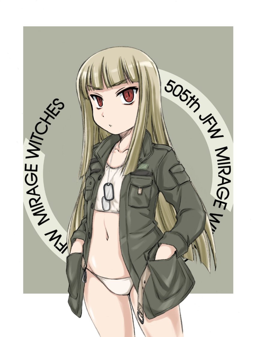 1girl, 505th_joint_fighter_wing, belt, blonde_hair, blunt_bangs, bra, collarbone, commentary