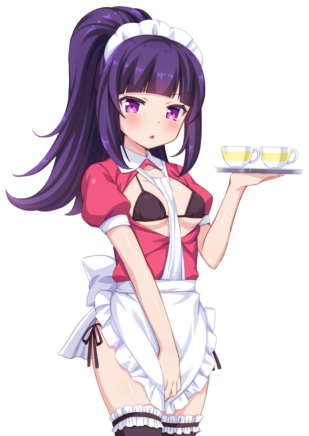 10s, 1girl, :o, apron, black_bra, black_thighhighs, blunt_bangs, blush, bra, breasts, breasts_out, cup, female_focus, hanazono_shuka, highres, idol_time_pripara, looking_at_viewer, maid, maid_headdress, panties, pink_eyes, ponytail, pretty_series, pripara, purple_hair, short_hair, short_sleeves, side-tie_panties, simple_background, small_breasts, solo, teacup, thighhighs, tiger_rmn, underwear, white_background