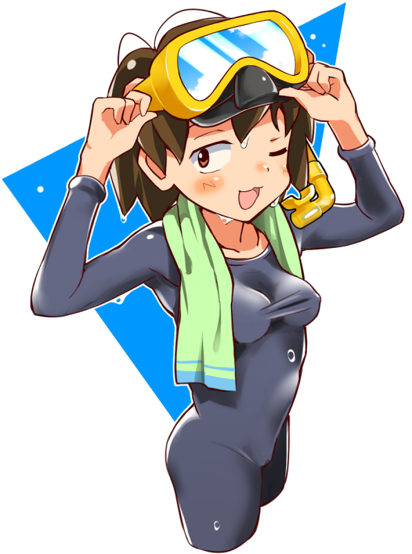 1girl, :3, ;3, blush, bodysuit, brown_eyes, brown_hair, covered_erect_nipples, diving_mask, diving_mask_on_head, diving_suit, female_focus, goggles, goggles_on_head, kurihara_nagisa, mirakichi, one_eye_closed, open_mouth, sanpaku, short_hair, simple_background, sketchbook_full_colors, skin_tight, solo, towel, wetsuit, white_background