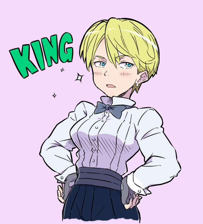 1girl, blonde_hair, blue_eyes, bow, bowtie, breasts, character_name, female_focus, formal_clothes, hands_on_own_hips, king_(snk), nitioku, reverse_trap, ryuuko_no_ken, shirt, short_hair, solo, the_king_of_fighters, white_shirt