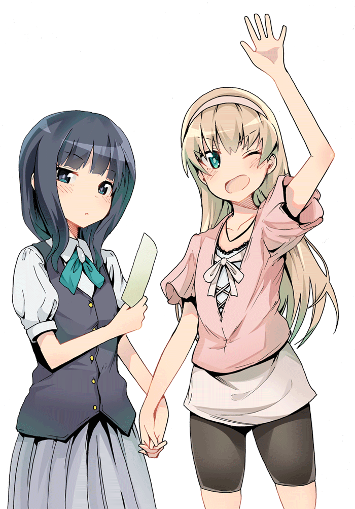 2girls, aokaze_(mimi_no_uchi), arm_up, bad_id, bad_pixiv_id, bike_shorts, black_eyes, black_hair