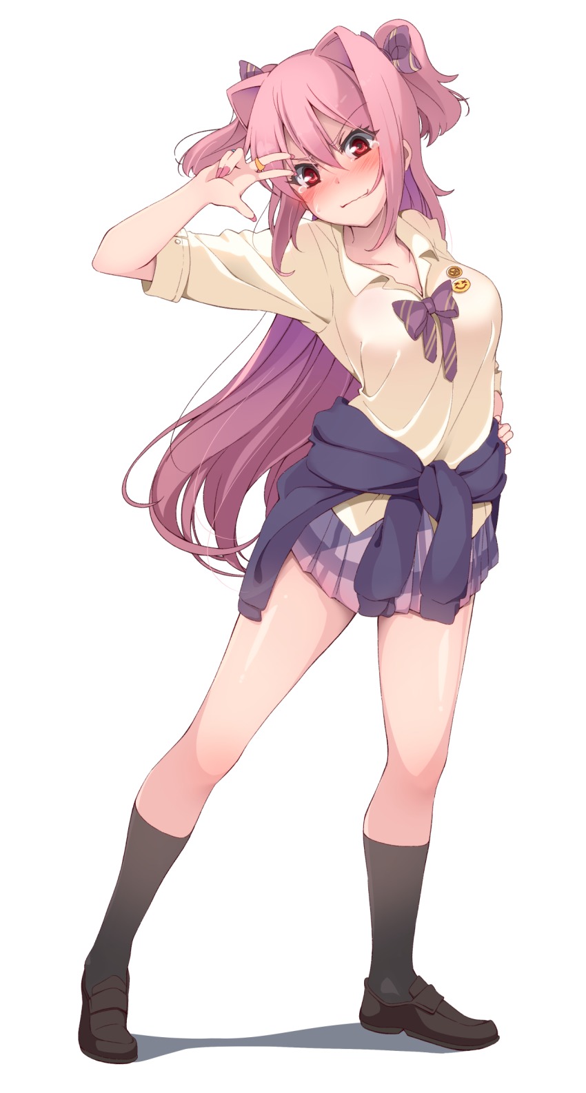 1girl, badge, black_socks, blue_bow, blue_bowtie, blue_jacket, blush, bow