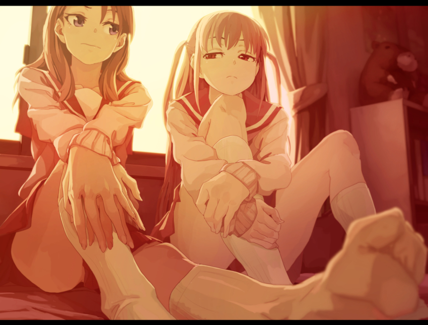 2girls, adamine_middle_school_uniform, atarashi_ako, backlighting, bedroom, blouse, blurry, blurry_foreground, bookshelf, closed_mouth, commentary, curtains, foreshortening, frown, half-closed_eyes, hugging_own_legs, indoors, long_hair, long_sleeves, looking_at_another, miniskirt, multiple_girls, okahashi_hatsuse, pink_shirt, pleated_skirt, red_skirt, saki, saki_(manga), saki_achiga-hen, school_uniform, serafuku, shirt, sitting, skirt, socks, stuffed_animal, stuffed_toy, two_side_up, white_legwear, window, yaku_yojino