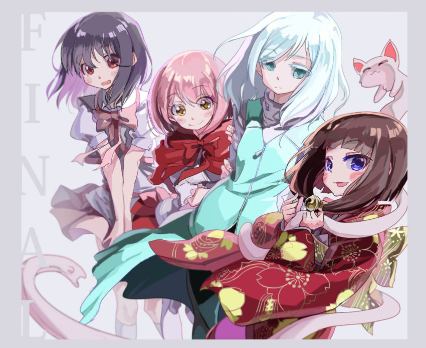 4girls, :3, aqua_eyes, aqua_hair, blouse, blue_eyes, blunt_bangs, blush_stickers, bow, bowtie, brown_eyes, brown_hair, capelet, closed_mouth, english_text, floral_print, frown, green_shirt, holding, holding_stuffed_toy, japanese_clothes, kimono, long_sleeves, medium_hair, mihirogi_uta, miniskirt, multiple_girls, open_mouth, oroku_kokoro, pink_hair, pink_neckwear, pink_skirt, pleated_skirt, print_kimono, red_capelet, red_kimono, red_skirt, saki_(manga), shinohayu_the_dawn_of_age, shiratsuki_shino, shirt, short_hair, silver_hair, skirt, smile, stuffed_animal, stuffed_cat, stuffed_toy, v_arms, white_shirt, wide_sleeves, yaku_yojino, zenno_kazumi, zipper