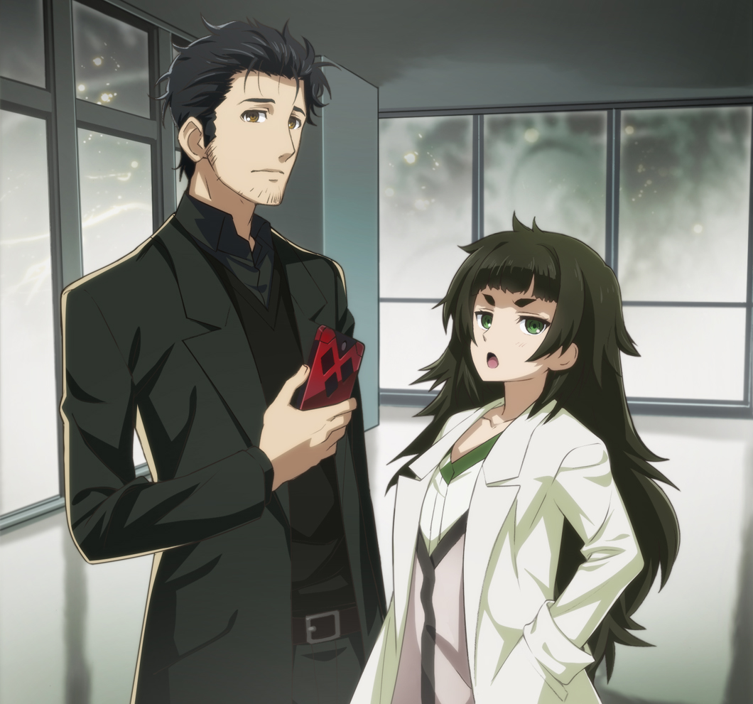 1boy, 1girl, belt, black_hair, blunt_bangs, brown_eyes, cellphone, collared_shirt