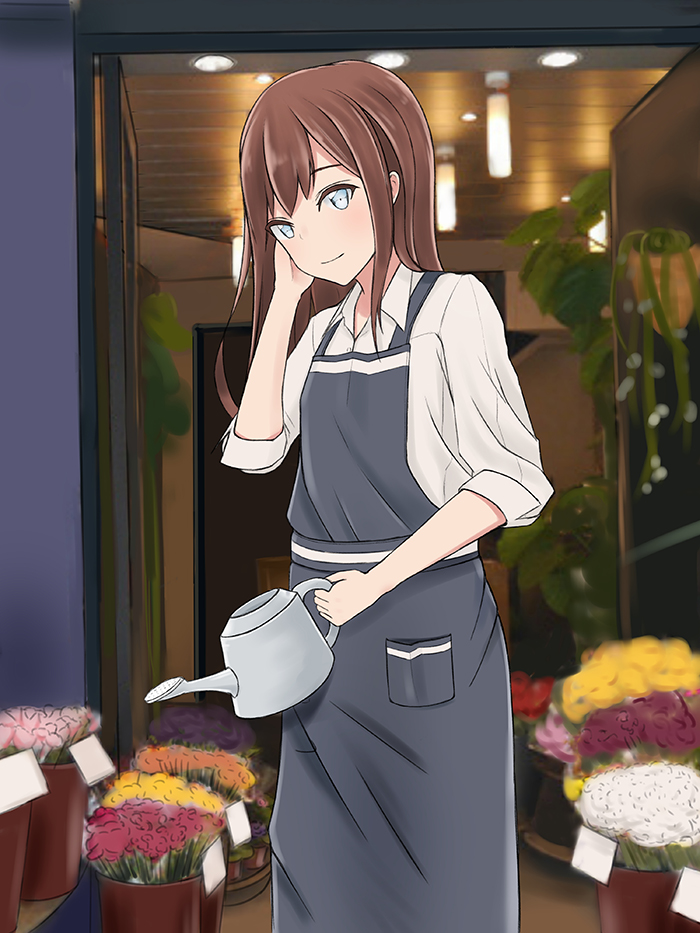 1girl, apron, black_apron, brown_hair, female_focus, flower, grey_eyes, hand_in_own_hair