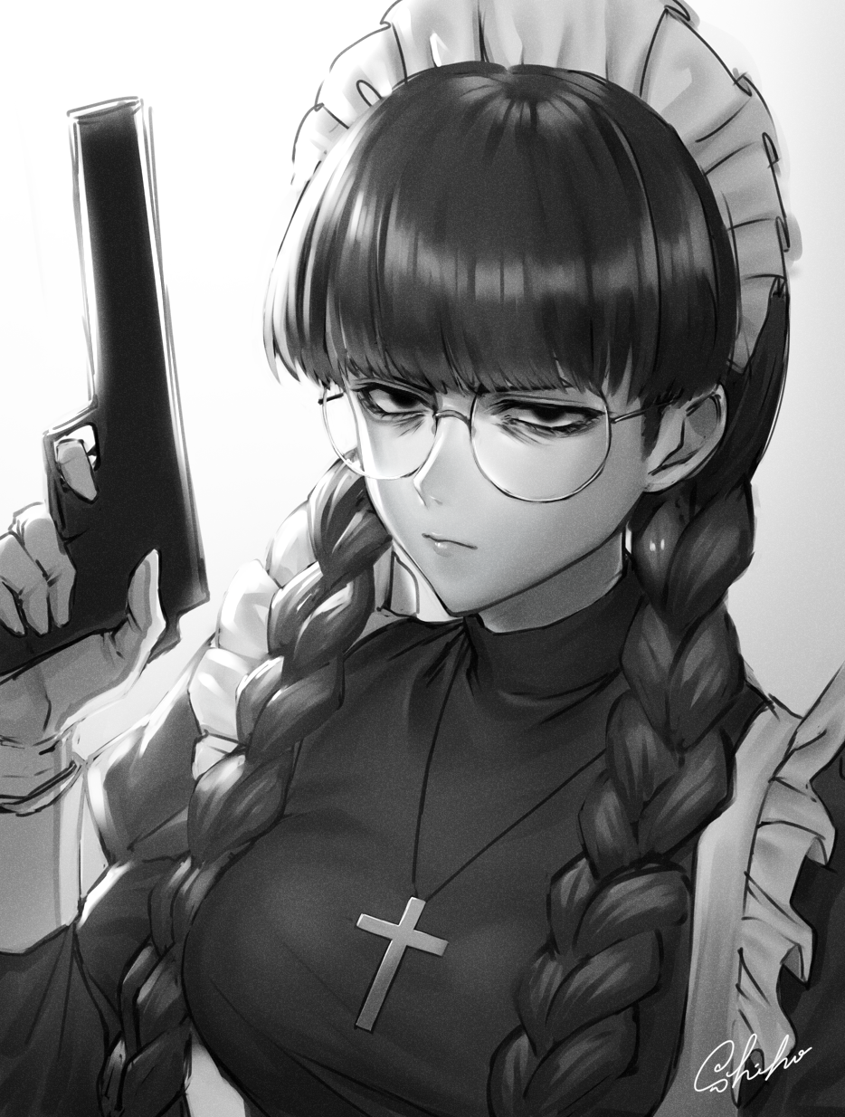 1girl, apron, bad_id, bad_pixiv_id, bags_under_eyes, black_lagoon, blunt_bangs, braid, breasts, closed_mouth, cross, cross_necklace, female_focus, finger_on_trigger, frown, glasses, greyscale, gun, hair_over_shoulder, half-closed_eyes, handgun, highres, holding, holding_gun, holding_weapon, jewelry, latin_cross, long_hair, long_sleeves, looking_at_viewer, maid, maid_apron, maid_headdress, monochrome, necklace, pistol, roberta_(black_lagoon), round_eyewear, sakura_shiho, signature, solo, twin_braids, weapon