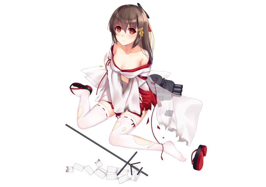1girl, allenes, bare_shoulders, blush, breasts, brown_hair, cleavage, closed_mouth, collarbone, female_focus, frown, highres, japanese_clothes, long_hair, looking_at_viewer, medium_breasts, miko, official_art, okobo, platform_sandals, red_eyes, red_skirt, sandals, shikinami_(warship_girls_r), simple_background, sitting, skirt, solo, thighhighs, torn_clothes, torn_skirt, torn_thighhighs, warship_girls_r, white_background, white_thighhighs