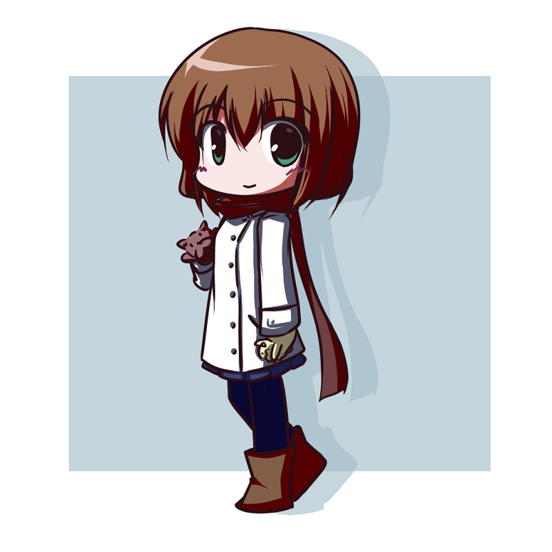 00s, 1girl, brown_hair, brown_scarf, chibi, coat, female_focus, fictional_sister