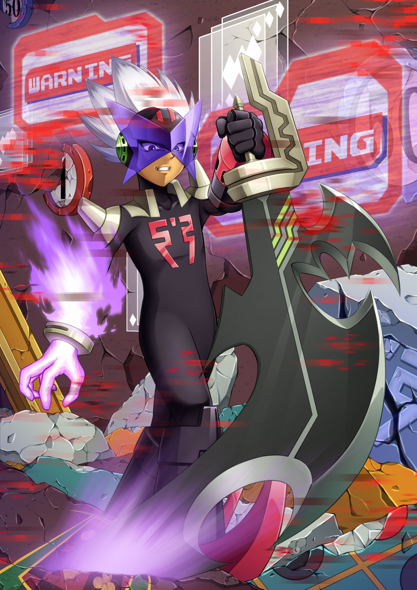 1boy, bad_id, bad_pixiv_id, bodysuit, capcom, clenched_teeth, debris, forehead_protector