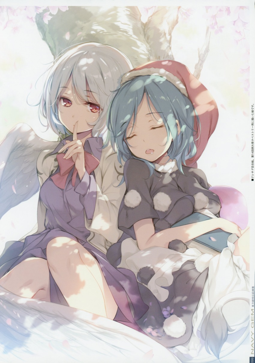 2girls, absurdres, black_dress, bloomers, blue_hair, book, bow, bowtie