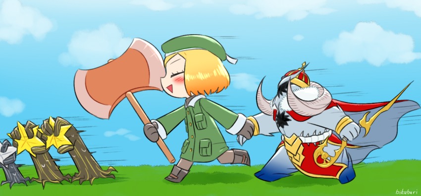 1boy, asagao_(bikaburi), axe, blonde_hair, cape, coat, commentary, commentary_request