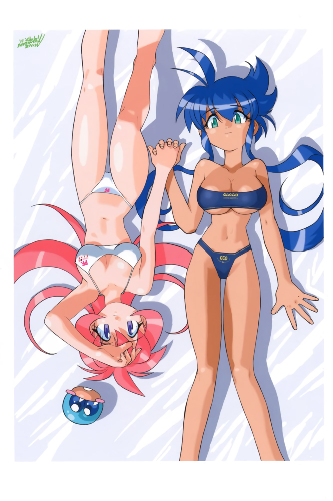 2girls, aqua_eyes, artist_name, bikini, blue_bikini, blue_eyes, blue_hair, breasts