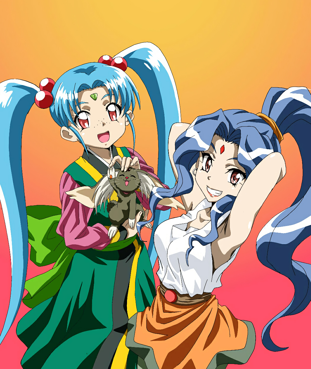 2girls, alielle, animal, arms_behind_head, arms_up, blue_hair, brown_eyes, crossover, earrings, el_hazard, facial_mark, forehead_mark, freckles, grin, hair_bobbles, hair_ornament, high_ponytail, highres, holding, holding_animal, jewelry, long_hair, long_sleeves, looking_at_viewer, masaki_sasami_jurai, multiple_girls, open_mouth, petting, ponytail, red_eyes, ryou-ouki, sleeveless, smile, tenchi_muyou!, twintails, very_long_hair