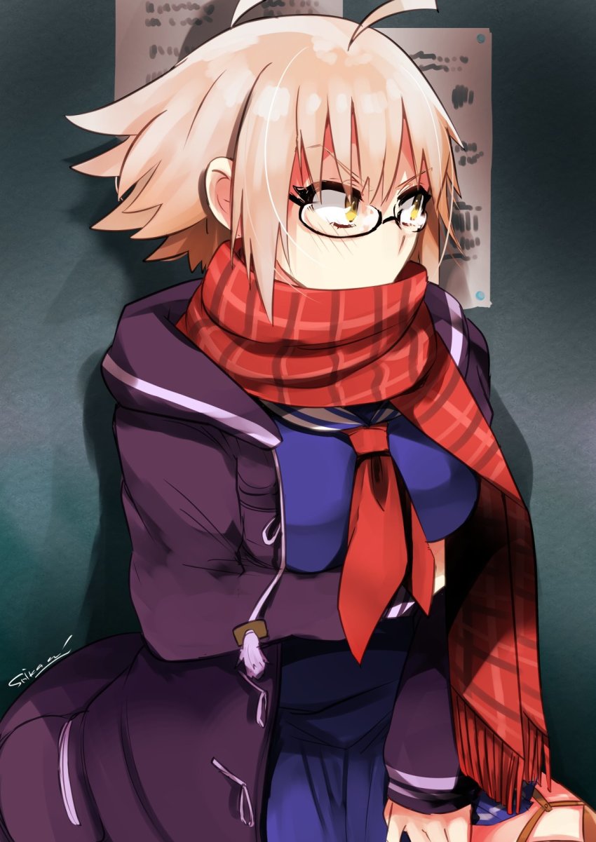 ahoge, artoria_pendragon_(fate), black-framed_eyewear, blue_shirt, blue_skirt, blush, breasts, coat