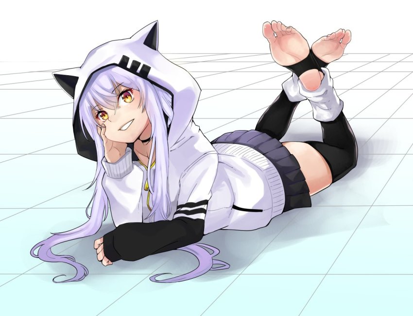 1girl, animal_hood, arm_support, azuma_lim, barefoot, cat_hood, collar, cyber_v, eiji_(eiji), feet, female_focus, hand_on_face, hood, hoodie, leg_warmers, long_hair, looking_at_viewer, lying, miniskirt, on_stomach, pleated_skirt, purple_hair, sidelocks, simple_background, skirt, smile, soles, solo, stirrup_legwear, teeth, the_pose, thighhighs, thighs, toeless_legwear, toes, virtual_youtuber, white_background, yellow_eyes, zettai_ryouiki
