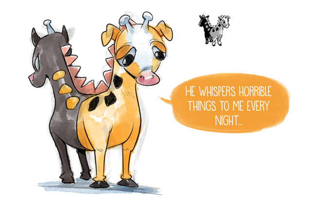 commentary, creature, curlypie, english_commentary, english_text, full_body, girafarig_(beta), horns, multiple_heads, nintendo, pokemon, pokemon_gold/silver/crystal, pokemon_gold/silver/crystal_(prototype), sad, simple_background, single_horn, speech_bubble, text_focus, white_background