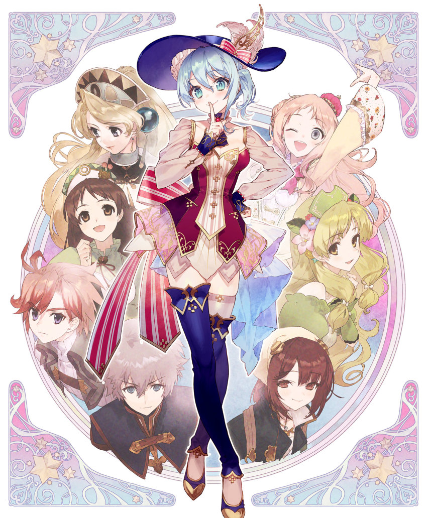 2boys, 6+girls, art_nouveau, atelier_(series), atelier_sophie, ayesha_altugle, blonde_hair, blue_eyes, blue_hair, brown_hair, collage, crown, finger_to_mouth, full_body, grey_hair, gust, hat, highres, in-franchise_crossover, key_visual, klein_kiesling, long_hair, long_sleeves, marlone, merurulince_rede_arls, multiple_boys, multiple_girls, nelke_to_densetsu_no_renkinjutsushi_tachi, nelke_von_lestamm, noco_(adamas), official_art, one_eye_closed, pink_hair, promotional_art, purple_eyes, red_crown, short_hair, shushing, side_ponytail, sophie_neuenmuller, vayne_aurelius, viorate_platane