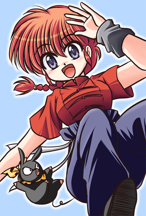 1girl, akihara_ryo, akihara_ryou, blue_eyes, braid, chinese_clothes, floating, genderswap, genderswap_(mtf), hibiki_ryouga, p-chan_(ranma_1/2), ranma-chan, ranma_1/2, red_hair, saotome_ranma, single_braid, tangzhuang