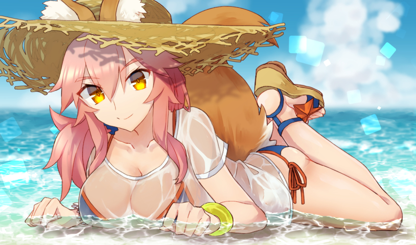 1girl, agsen, animal_ear_fluff, animal_ears, bikini, bikini_under_clothes, blue_bikini, breasts