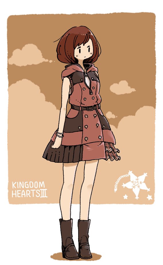 1girl, belt, belt_buckle, black_belt, black_boots, boots, brown_hair, buckle, buttons, closed_mouth, copyright_name, dress, female_focus, full_body, jewelry, kageta_yu, kairi_(kingdom_hearts), kingdom_hearts, kingdom_hearts_iii, necklace, no_nose, pink_dress, pleated_dress, short_dress, short_hair, sleeveless, sleeveless_dress, solo, standing, zipper_pull_tab, |_|